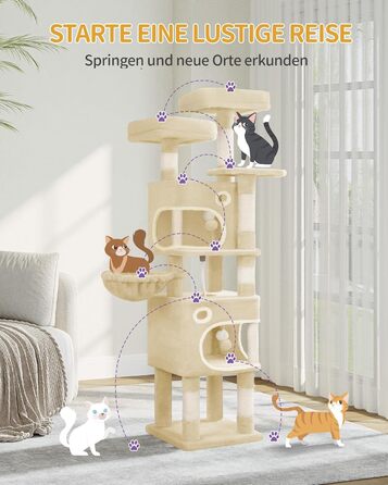 Драбина-кіготь для котів Hzuaneri, 159 см, з 8 стовпчиками, 3 платформами, 2 хованками, кошиком, плюшевими кульками та мотузкою з сизалю. Підходить для котів різних розмірів. MS15918LG (Бежевий)