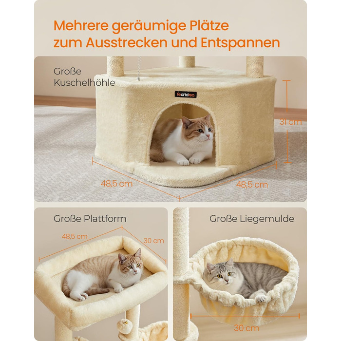 Дряпка для котів Feandrea, кігтеточка з великою затишною печерою, платформами, м'ячиками та лежанкою, 48,5 x 48,5 x 140,7 см, бежевий PCT009Y01