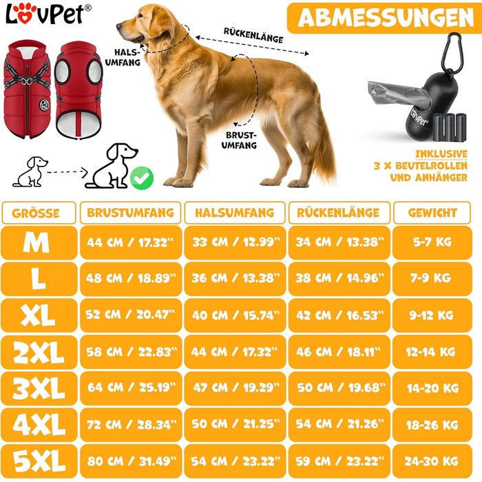 LOVPET® Тепла зимова жилетка для собак з повдком, 45 шт. кульок для прибирання + диспенсер, водонепроникна, з відбивачами, D-Ring 5XL, Бордовий