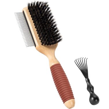 Двостороння щітка для собак та котів з щетиною кабана та пензлем, для догляду за шерстю, підходить для короткошерстих порід, з дерев'яною ручкою з гумовим покриттям