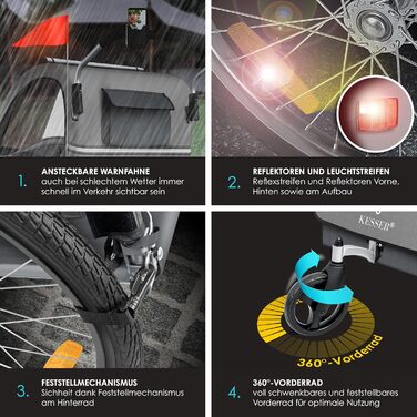 Дитячий велопричіп KESSER Sport-RX 2в1 (велосипедний/коляска) для 1-2 дітей, до 40 кг, з 5-точ. ременями безпеки, 360° обертання, тримач для напоїв та смартфона, сірий