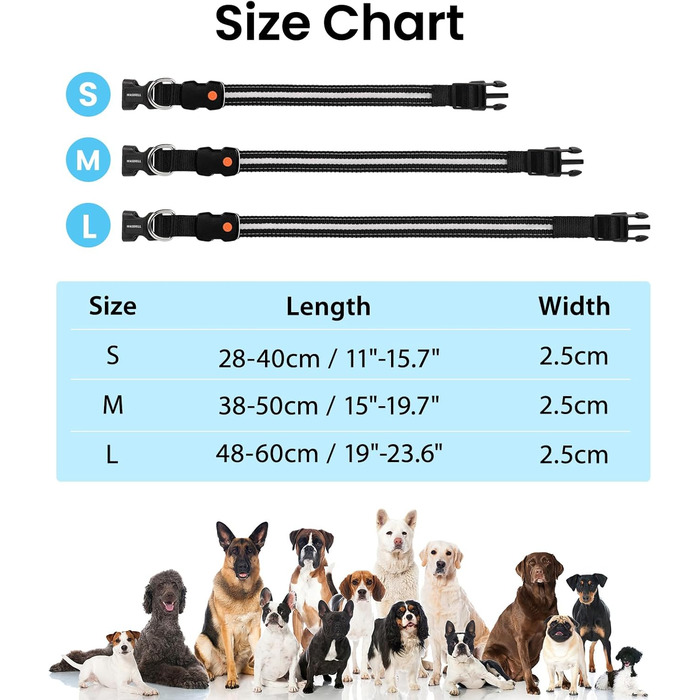 Світлодіодне нашийник для собак Masbrill з підзарядкою, 7 кольорів RGB, 8 режимів свічення, регульований, водонепроникний, для собак малого, середнього та великого розміру, чорний, розмір M