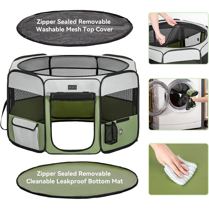PETSFIT Розкладний вольєр для цуценят та дрібних тварин, вольєр для собак та котів, з водонепроникним дном, Pop-up система, захист від гризучих, 92 x 84 x 53 см (Сірий/Зелений)