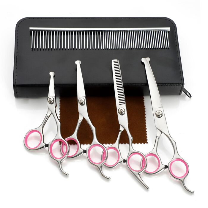 Професійна 5-в-1 фен для собак: ножиці з нержавіючої сталі, безпечні, прямі та філігранні ножиці, ножиці для стрижки та грумінгу, гребінець (рожевий)