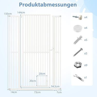 Захист для воріт COSTWAY для собак, високе перегороджувальне ґрат, 77-104 см x 150 см, захист з маленькими дверима, 2 розширення, ґрат без свердління, висувний ґрат для собак, металевий захисний ґрат, білий