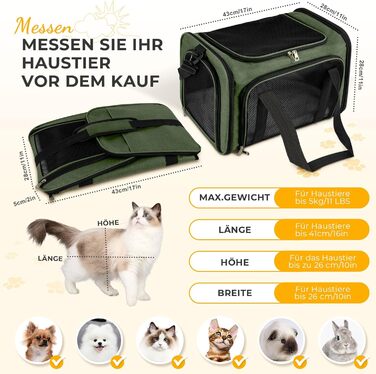 Транспортна сумка для кота/собаки до 5 кг, складана, з плечовим ременем (43 x 28 x 28 см, зелена)