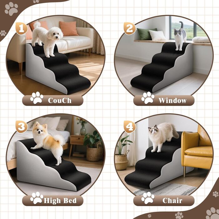 Східці для собак та котів JUOIFIP, 4 сходинки, для маленьких порід, з губчастою поверхнею, чорного кольору