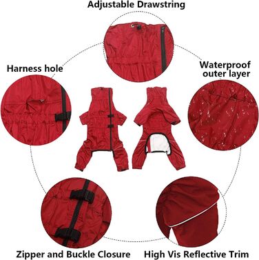 Водонепроникний дощовик для собак на 4 лапи з отвором для шлейки, червоний, XXXL