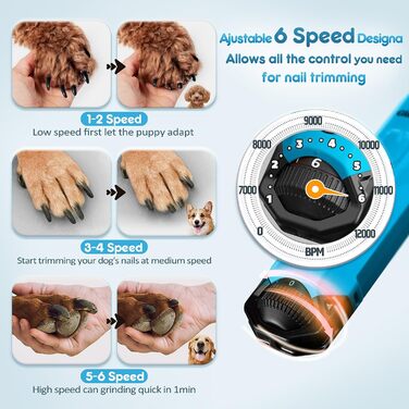 Шліфувальник кігтів для собак Gimars з 6 швидкостями, USB-зарядний, з LED-підсвічуванням, для домашніх тварин (блакитний)