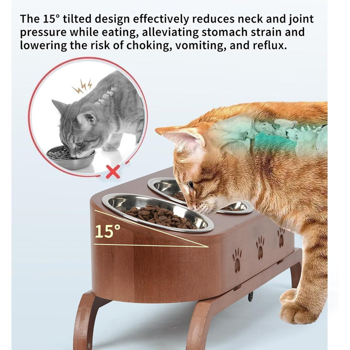 Набір мисок для котів JAZUIHA (3 шт.) з підняттям, ергономічні, 15° нахил, регульована висота, дерев'яний підставник, нержавіюча сталь Ø12 см, темно-коричневий