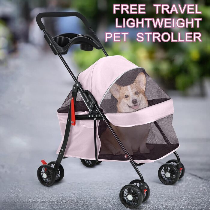 Візок для собак і котів до 10 кг, складний - рожевий. Зручний візок для тварин з регульованим дахом, сіткою та гальмом