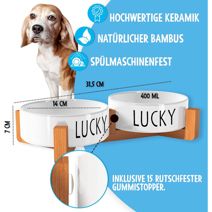 Персоналізована годівниця для собак OWLBOOK з іменем - подвійний набір з кераміки та бамбуку, 300 мл
