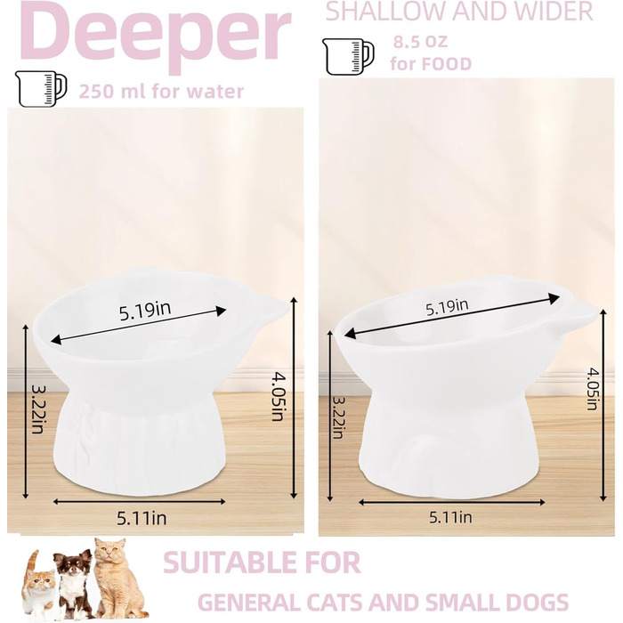 Набір мисок для котів 2 шт. підняті на 15°, кераміка, великі, для запобігання блювоті, підходять для котів та цуценят (білі)