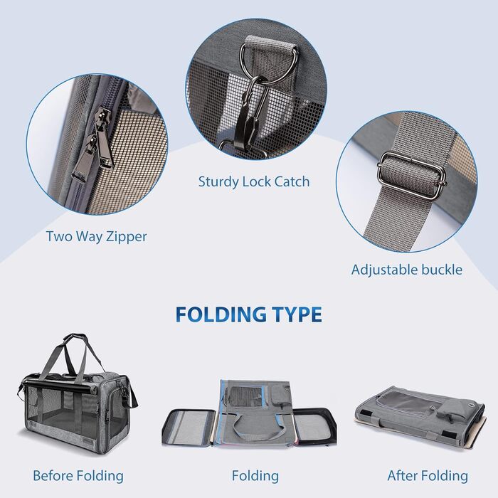 Транспортна переноска для котів та собак PETCUTE, сіра, для подорожей, кемпінгу, з регульованим плечовим ременем, розкладний дизайн