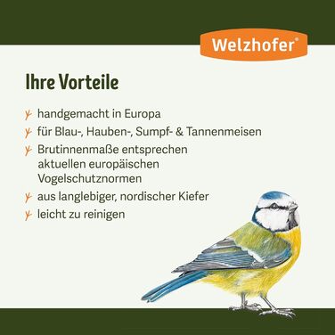 Дерев'яний шпаківня Welzhofer Robbi для синиць, вхід 28 мм, ручна робота, безпечний від котів, для синиці блакитної, гаїчки, болотної та чорної, виготовлений у Європі