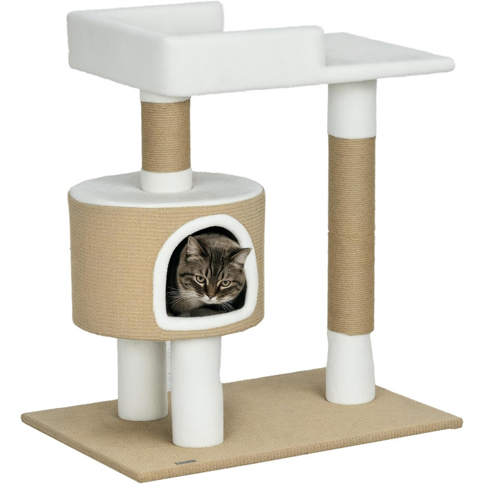 Дерев'яний кігтеточка PawHut для котів з будиночком, лежаком та кріпленням з джуту, до 8 кг, коричнево-білий, імітація кашеміру