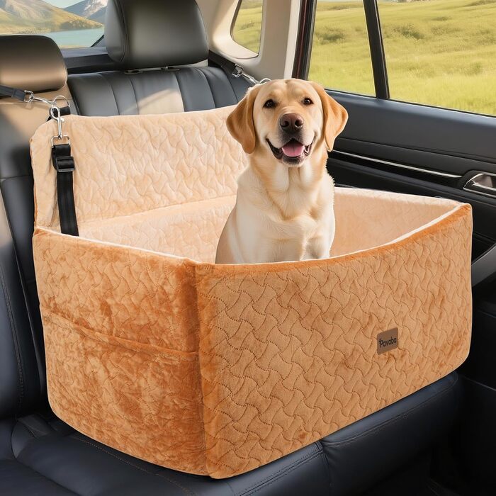 Автокрісло для собак великих та середніх порід до 27,2 кг - З піднятою передньою частиною 35,6 см, подушка з Memory Foam, знімний, миючий чохол, коричневе