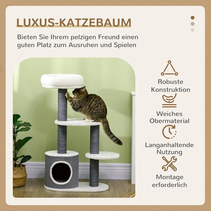 Дряпак для котів PawHut 98 см, котячий будиночок, 3 платформи, сірий+білий