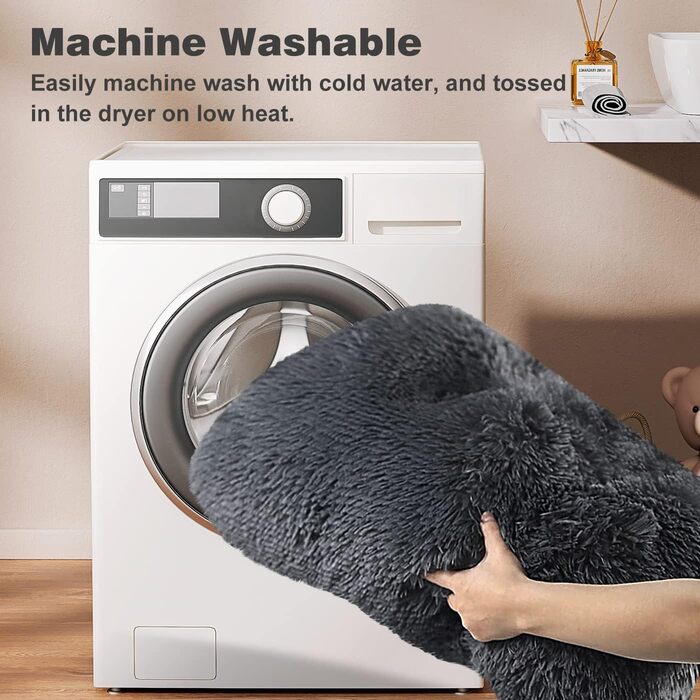 Килимок для собак великий, 90 x 58 см, миючий, пухнастий, Sherpa, з неслизьким дном, теплий лежак для собак та котів, сірий (XL)