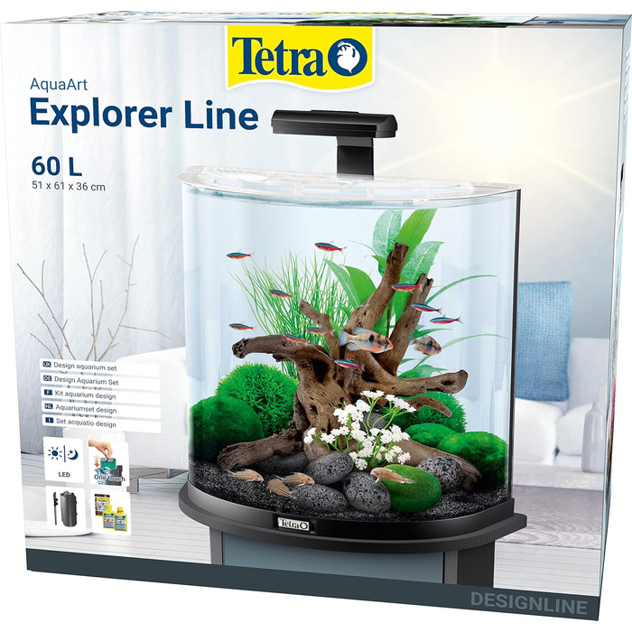 Акваріум Tetra Explorer Line 60 л, комплект: LED-освітлення, обладнання, корм і засоби догляду, вигнута передня стінка, чорний колір