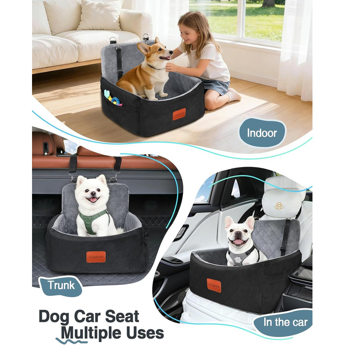 Автокрісло для собак маленьких порід, переносна лежанка для собак з memory foam, знімний та пральний чохол, автокрісло для собак з 3-точковими ременями безпеки (Чорний/Сірий, Маленький)