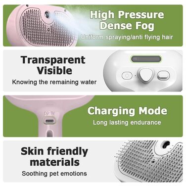 3-в-1 Щітка для котів та собак з парою, антистатична щітка з розпилювачем, самоочисна, для короткої та довгої шерсті, рожева