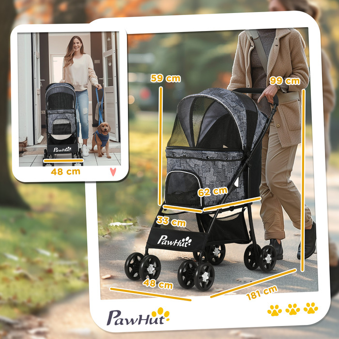 Складаний візок для собак PawHut Dog Buggy з подушкою для собак і кішок, сітчасте вікно, місце для зберігання, тканина Оксфорд, 81 x 48 x 99 см, сірий чорний