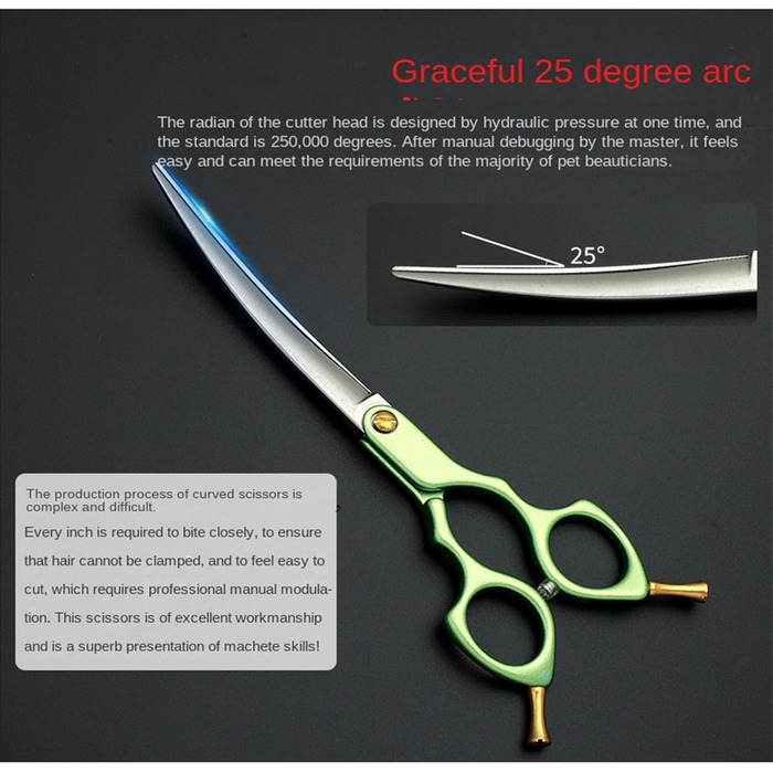 Ножиці для грумінгу собак, вигнуті - 7.0' з японської нержавіючої сталі. Ідеальні для догляду за шерстю собак та котів. Зелені ножиці для грумінгу.