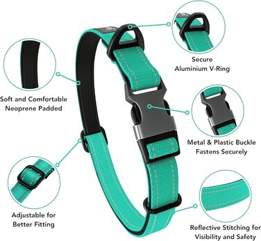 Нашийник для собак середнього розміру, світловідбиваючий, з підкладкою, регульований, металева застібка, кільце з алюмінію, колір Dreamy Aqua