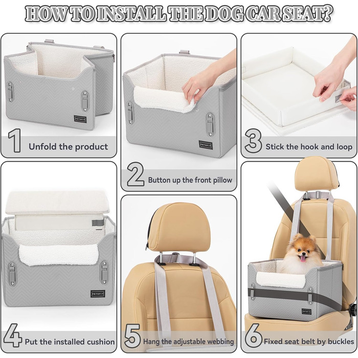 Автокрісло для собак Petsfit - стабільне та безпечне автокрісло для маленьких собак, з кріпленням для ременя безпеки, зручне ліжко-кошик з миючим плюшевим подушками, шкіряне сіре