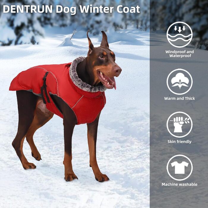 Водонепроникний теплий піджак для собак середнього розміру DENTRUN, теплий зимовий піджак для собак з флісовою підкладкою, червоний