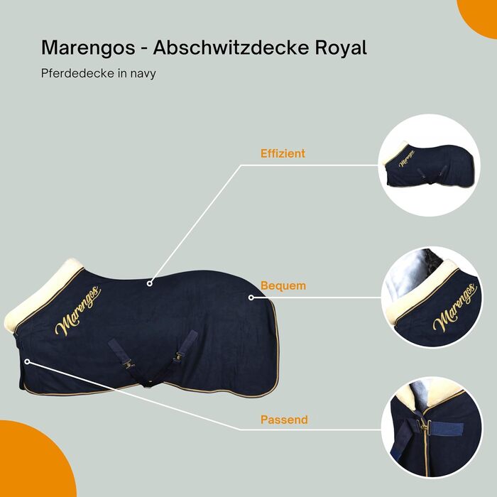 Флісова попона Marengos Royal для коня з хрестоподібними ременями, м'яким коміром, пряжкою на грудях і ременем для хвоста, швидке вбирання вологи, синя, 125 см