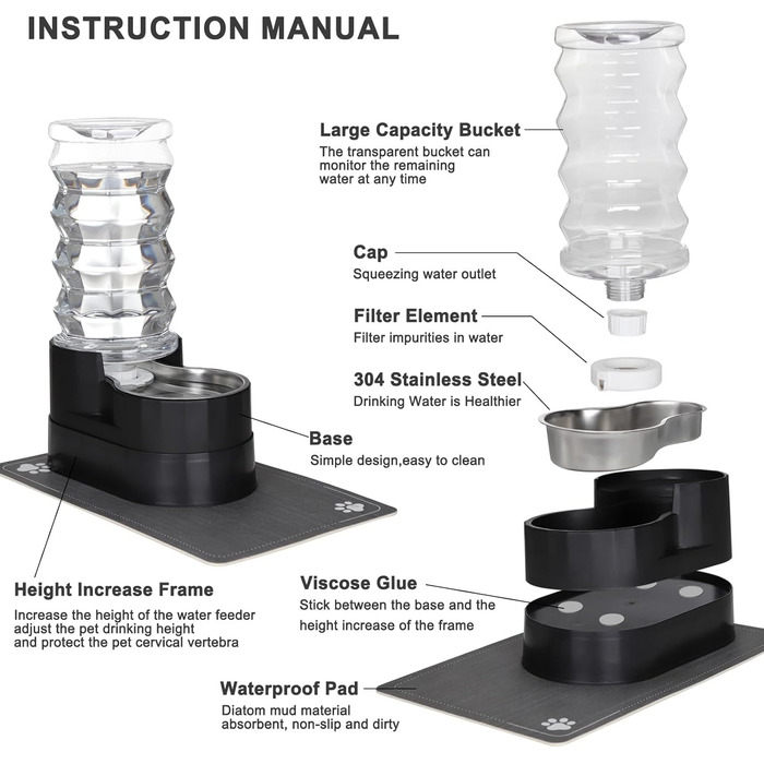Автоматичний поїльник для тварин Sfozstra, нержавіюча сталь, 8L, з вологостійким підкладкою та піднятим краєм (для котів та собак)