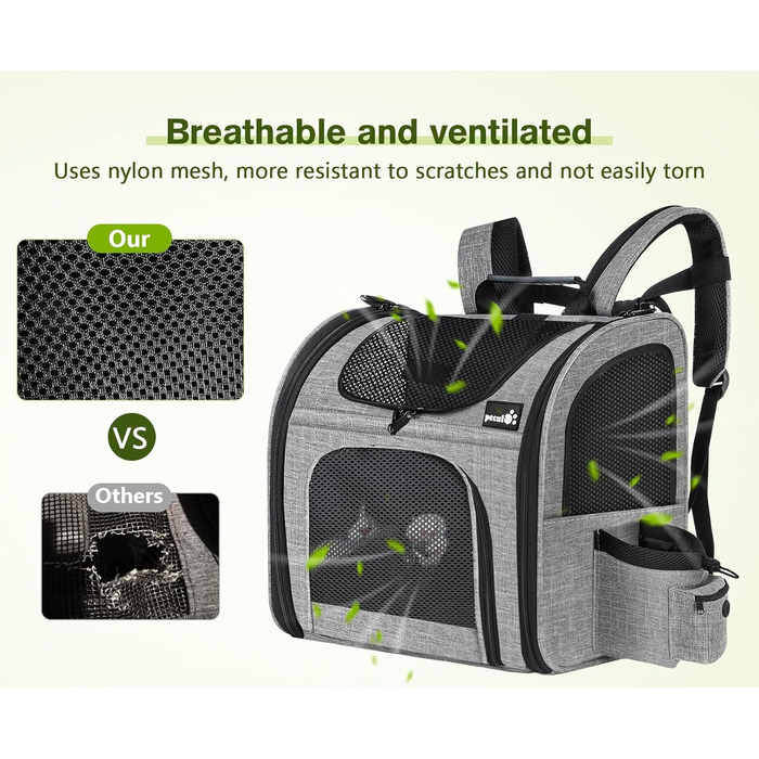 ПЕКЮТ Рюкзак для тварин з сіткою, переноска для кота/собаки, дихаюча та легка, водонепроникна, сіра (M)