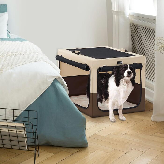 Складаний контейнер Petsfit для великих собак, домашній транспортний бокс, регульований дизайн, сітчасті вікна, розмір L (76×50×49 см), колір кава