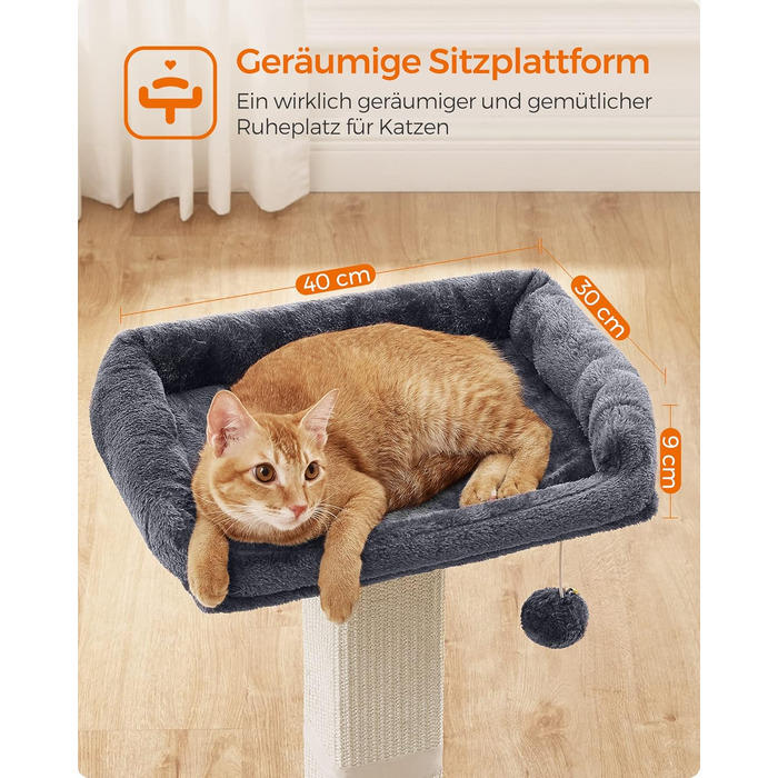 Котячий дряпак Feandrea, дерево для котів 71 см, стовпчик з сизалю, м'яка платформа 40x30 см, плетений сизаль, основа 45x40 см, іграшковий м'яч, темно-сірий