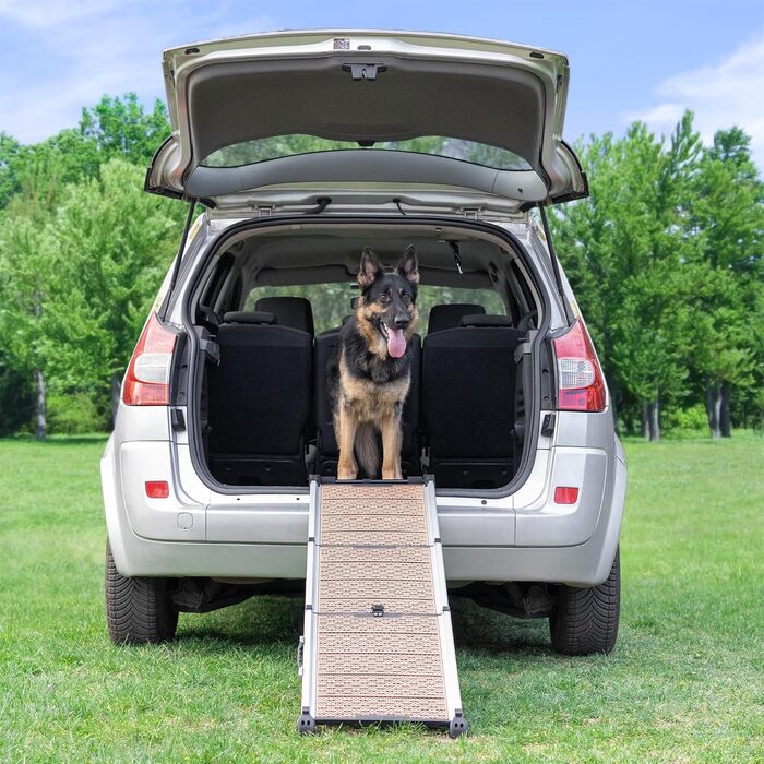 Рампа для собак у машину Klappbar - Складана, стабільна, протиковзка, для автомобілів та SUV до 90 кг, телескопічна алюмінієва рампа, з світловідбиваючими смугами, кріпильний кліп, для великих собак