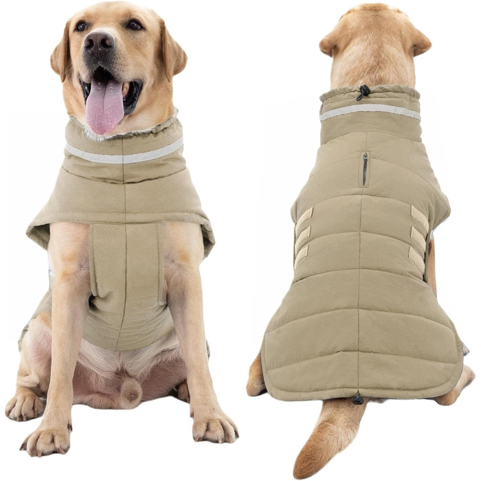 Водонепроникний зимовий теплий вітрозахисний одяг для собак, світловідбиваючий, з регульованим коміром-стійкою, на липучці - Хакі - Розмір S