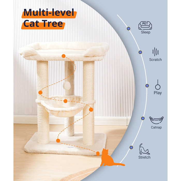 Драбина-кіготь для котів Happi N Pets 71 см, бежева: стабільна, з великим ліжком та гамаком, покриття з сизалю