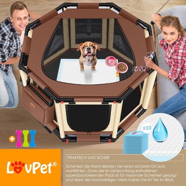 Манеж для цуценят і котів LOVPET®, складаний, для дому та вулиці, тканина Оксфорд, каркас PVC, з сумкою, 3 кісточки, 10 пелюшок, 112x112x62 см, бежевий