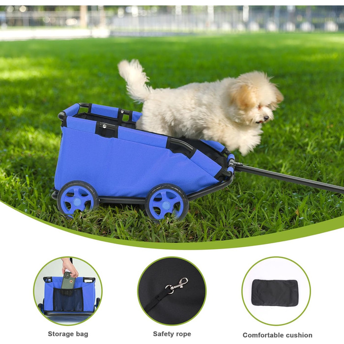 Міні-візок для тварин, складний багатофункціональний візок для покупок з висувним ручками, для прогулянок на вулиці, з подушкою та страхувальним тросом, з кишенькою (Блакитний)