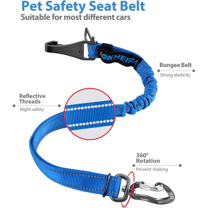 Безпечний пасок для собак IOKHEIRA, регульований автопасок для собак з універсальним з'єднувачем та фіксатором (океановий блакитний)