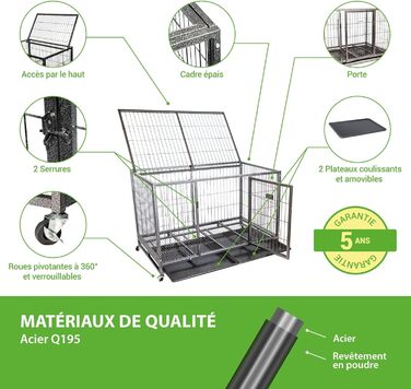 PAITSY Клітка для собак для дому MouvedyXL, 123x79x84 см, 2XL транспортна переноска з фіксованими колесами, складна, 2 двері, знімний піддон