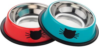 PAWPOURRI Миски для котів з нержавіючої сталі, протиковзкі, 2 шт. (230 мл, синій та червоний)