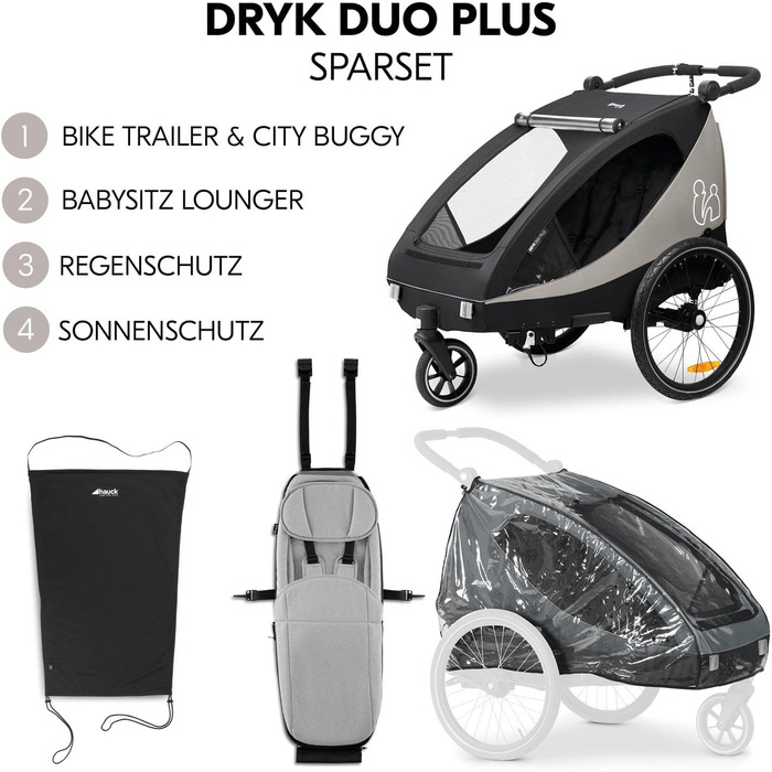 Фарм-причіп Hauck Dryk Duo Plus Set для 2 дітей з люлькою, тентом та дощем. Складається, з підвіскою та функцією коляски (Чорний)