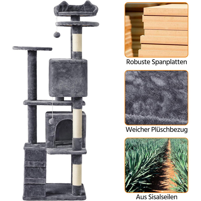 Кігтеточка для котів Yaheetech, велика, 178 см, з 3 платформами, 3 стовпчиками, 2 будиночками, м'ячі, сірий колір