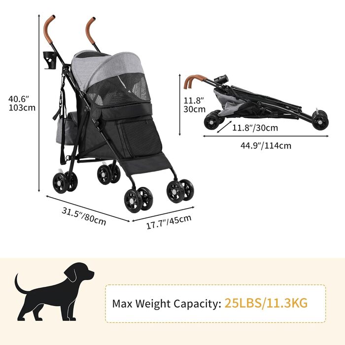 Візок для собак та котів DWVO - зручний та компактний, до 11,3 кг, сірий/чорний, 45x80x103 см