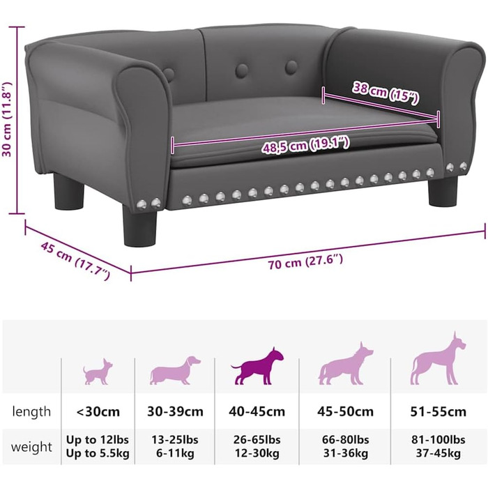 Диван для собак, м'яке ліжко для домашніх тварин, лежанка для собак з штучної шкіри, ліжко для цуценят, диван для домашніх тварин, будиночок для собак, для великих та середніх собак, сучасний та елегантний дизайн, сірий, 70x45x30 см