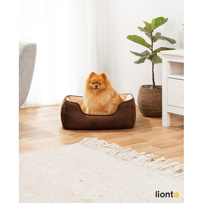 Lionto Крісло-ліжко для собак та котів 2-в-1, 60x50 см, коричнево-бежеве, зручний вхід, м'яке, з обортною подушкою, легко чиститься, Wildlederoptik