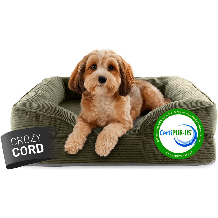 Ортопедичне ліжко для собак Lumaland з корду | зручне собаче ліжко-софа 70x60 см - для маленьких собак | неслизьке дно | знімний та миючий чохол | собаче гніздо з Memory Foam Cord - оливковий 70 x 60 см - розмір S
